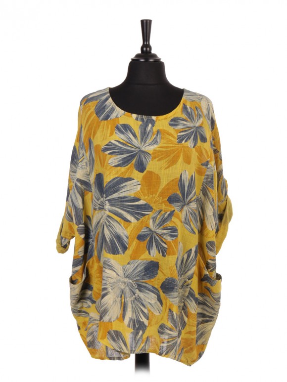 Italian Turn-up Sleeve Floral Print Batwing Top with Front Pockets