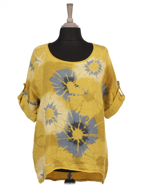 Italian Turn-up Sleeves Floral Print Linen Top