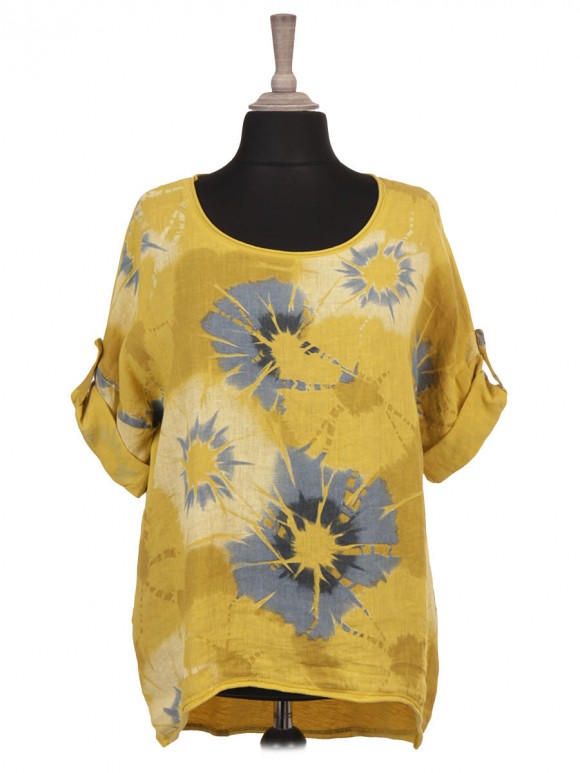 Italian Turn-up Sleeves Floral Print Linen Top