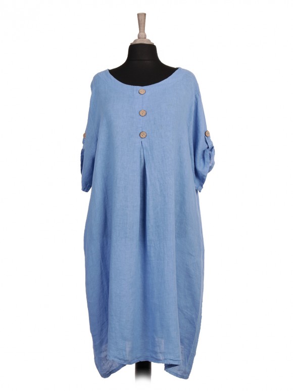 Italian Turn-up Sleeves Front Button Linen Lagenlook Dress