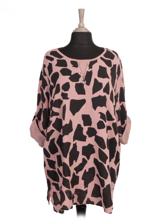 Italian Turn-up Sleeves Giraffe print Top with Side Pockets