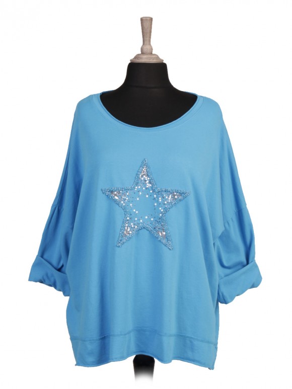 Italian Turn-up Sleeves Sequin and Embroidered Star Top