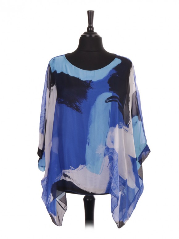 Italian Two Layered Brush Stroke Print Silk Batwing Top