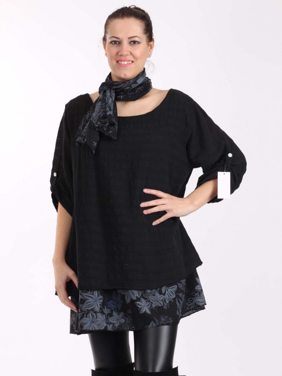 Italian Two Layered Cotton Floral Print Hem Detail Top With Scarf -Black
