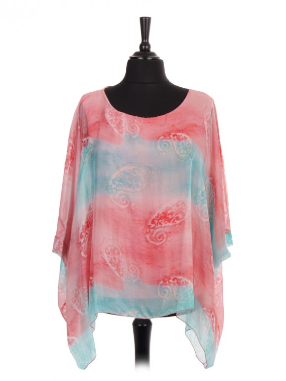 Italian Two Layered Paisley Print Silk Batwing Tunic Top