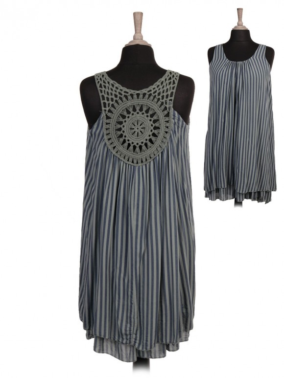 Italian Two Layered Stripy Print Crochet Back Dress