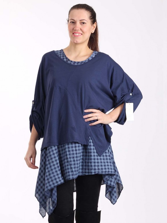 Italian Two Piece Plain And Check Pattern Cotton Top-Navy