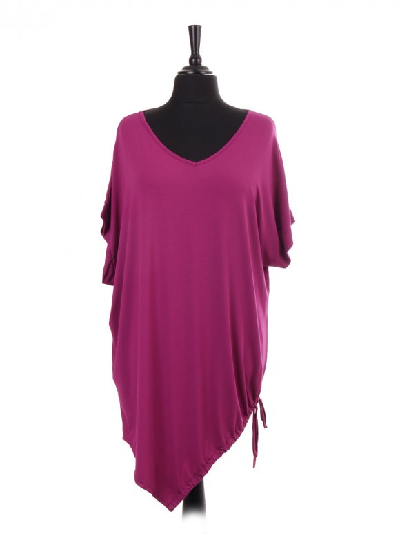 Italian V-neck Asymmetric Gathered Hem Jersey Batwing Top