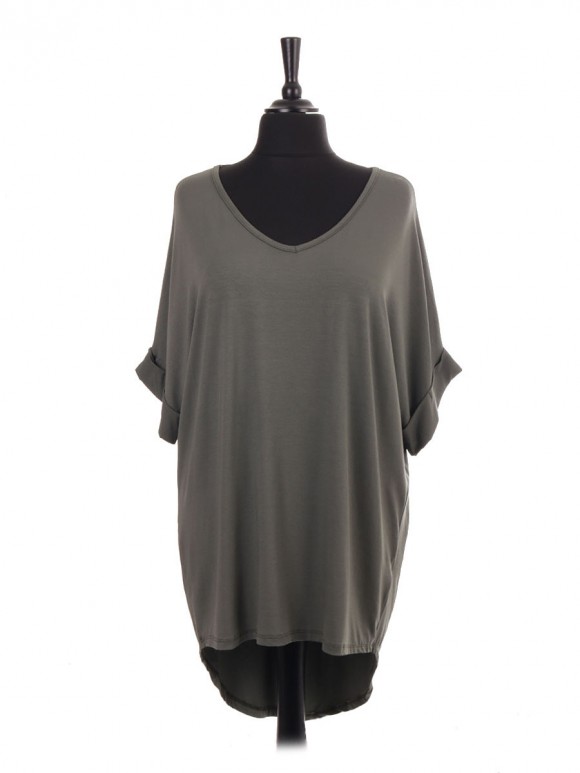 Italian V-neck High Low Batwing Jersey Top