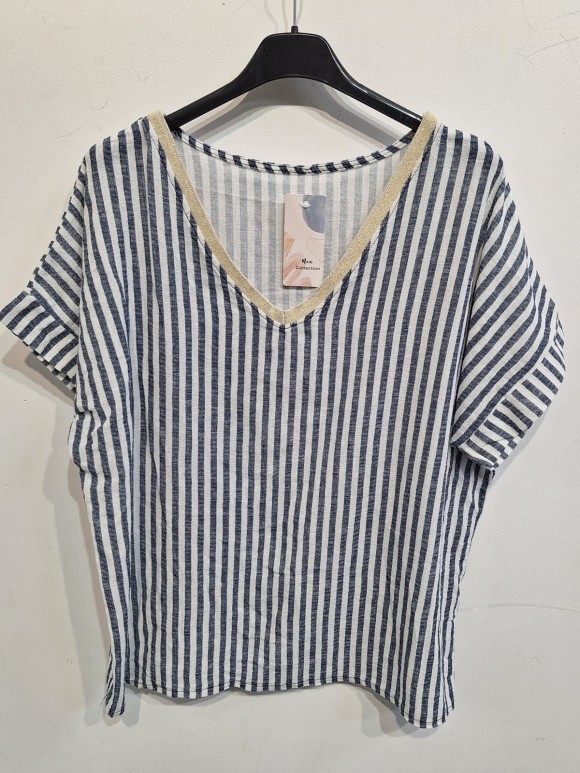 Italian V-neck Stripe Print Cotton Top