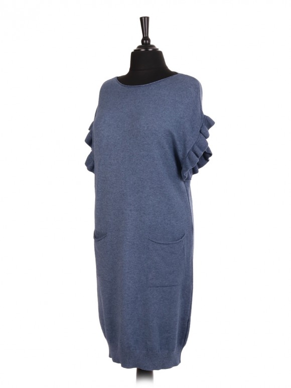 Italian Knitted Longline Jumper With Ruffled Sleeves And Front Pockets