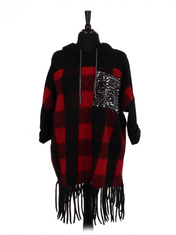 Italian Wool Check Pattern Hooded Jumper With Sequin Pocket And Fringe Hem