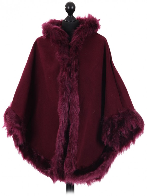 Ladies Hooded Woollen Poncho With Faux Fur Wine 