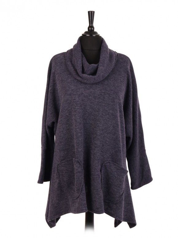 Italian Wool Mix Cowl Neck Tunic Top With Front Pockets