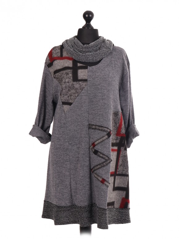 Italian Wool Contrast Panel Hem Dress With Scarf