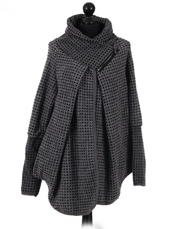 Italian Woollen Coat with Zip Detail Collar grey
