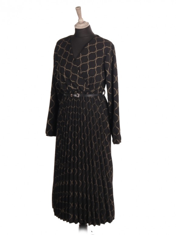 Italian Wrap Over Glittery Detail Pleated Dress With Belt