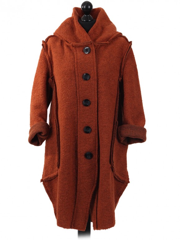 Ladies Woollen Front Button Hooded Winter Coat rust