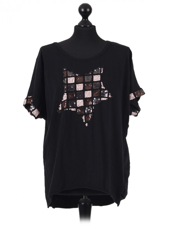 Italian Cotton Sequin Star and Sequin Sleeves Hem Lagenlook Top black 