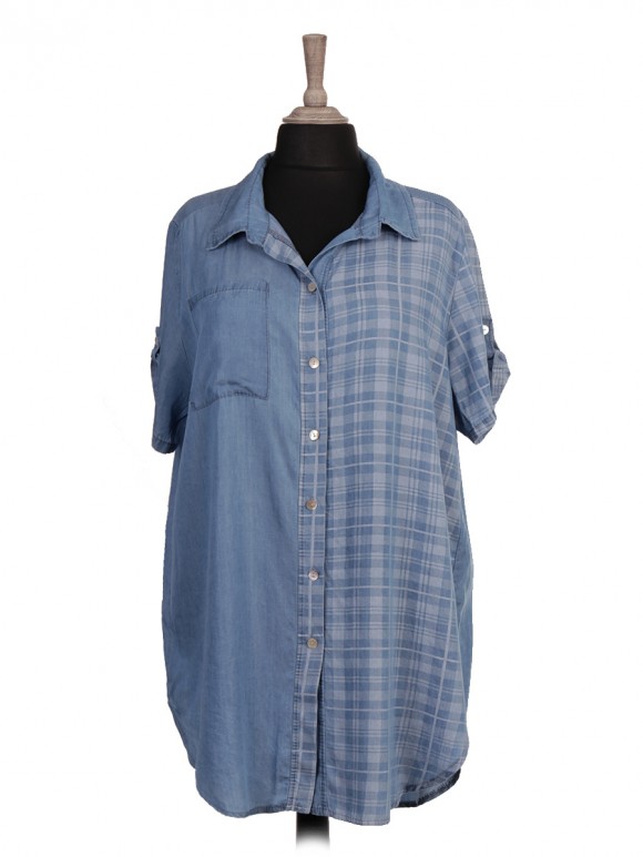 Italian plaid front button panel chambray shirt dress