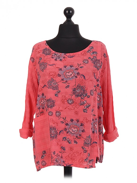 Italian Floral Linen Symmetrical Cut Top