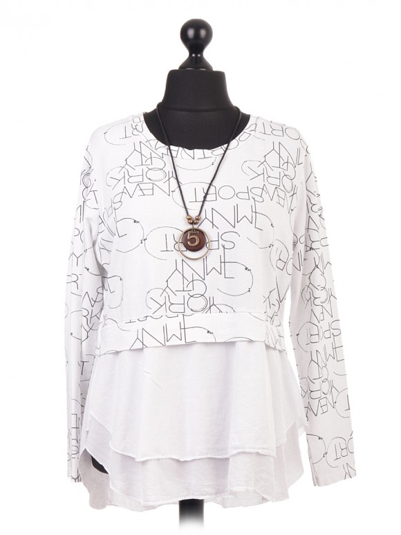 Italian Graphic Print Layered Necklace Peplum Top