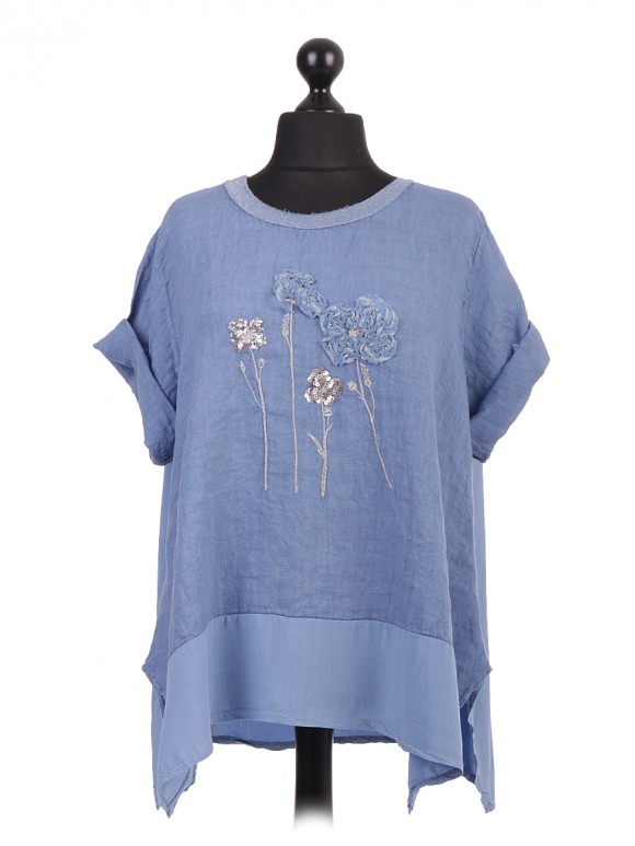 Italian Floral Applique Linen Tunic Top 