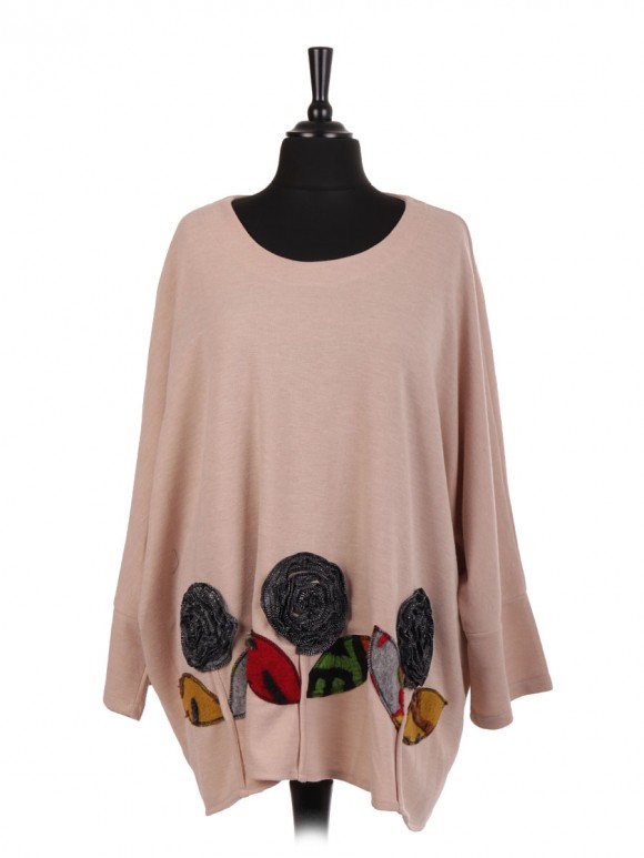 Italian Lana Wool Mix Applique Floral Batwing Top