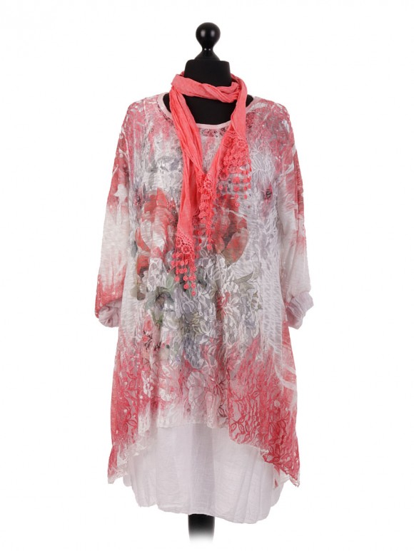 Italian Mesh Net Two Layered Dress With Scarf