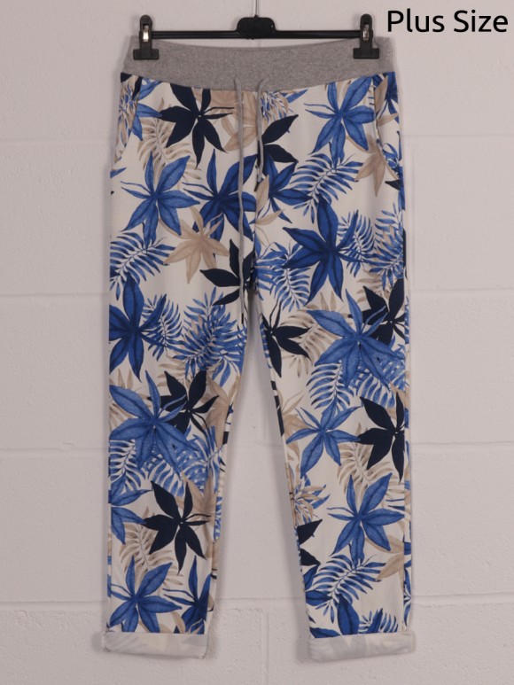 Plus Size Italian Leaf Print Cotton Trousers