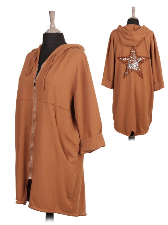 Plus Size Italian Back Sequin Star Front Zipper Hooded Jacket