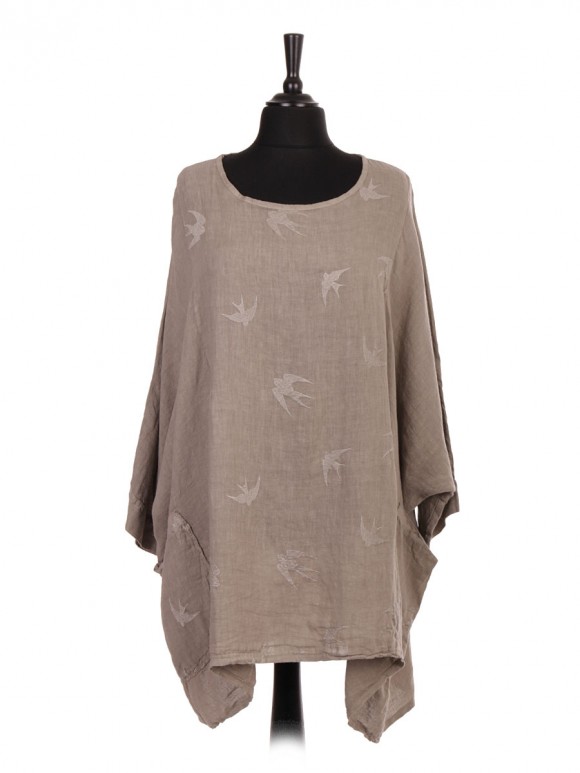 Plus Size Italian Linen Bird Embroidered Batwing Tunic Top With Front Pockets