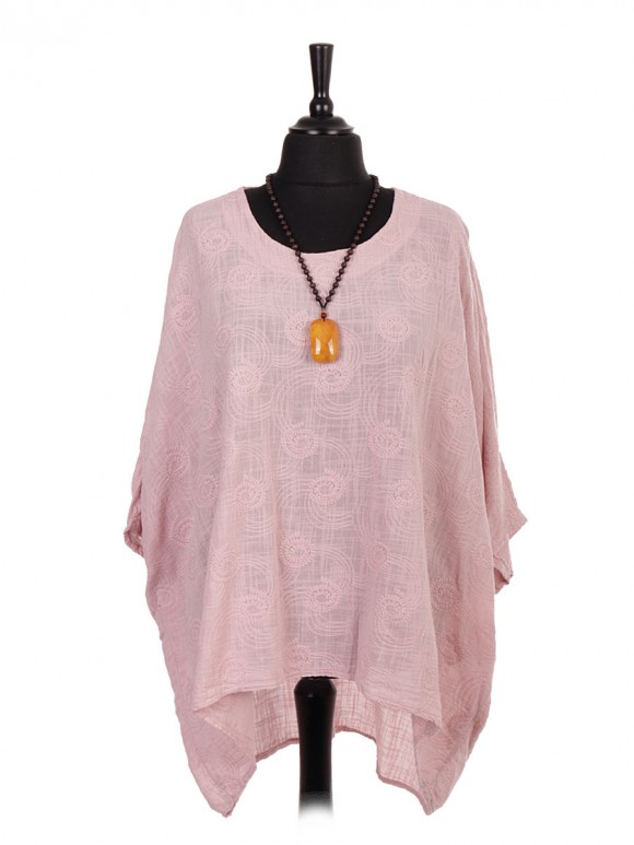 Plus Size Italian Linen Embroidered Batwing Dip Hem Top with Necklace