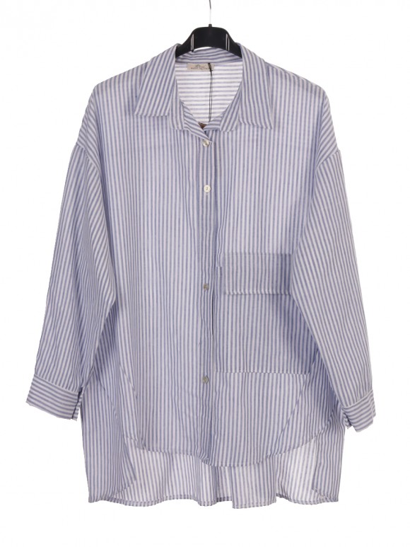 Plus Size Italian Stripy Blouse with Front Button Panel and Pocket