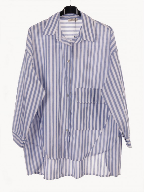 Plus Size Wide Stripe Blouse with Front Button Panel and Pocket