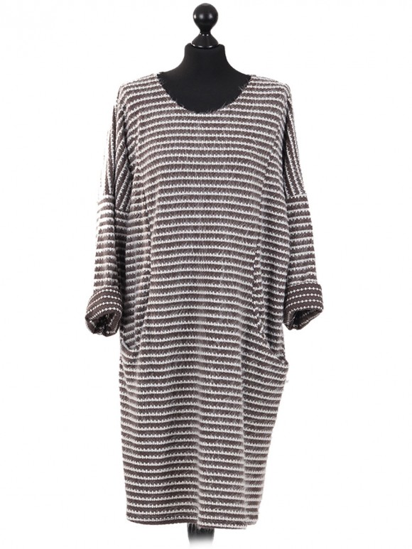 Italian Knitted Stripe Front Pockets Winter Dress Mocha