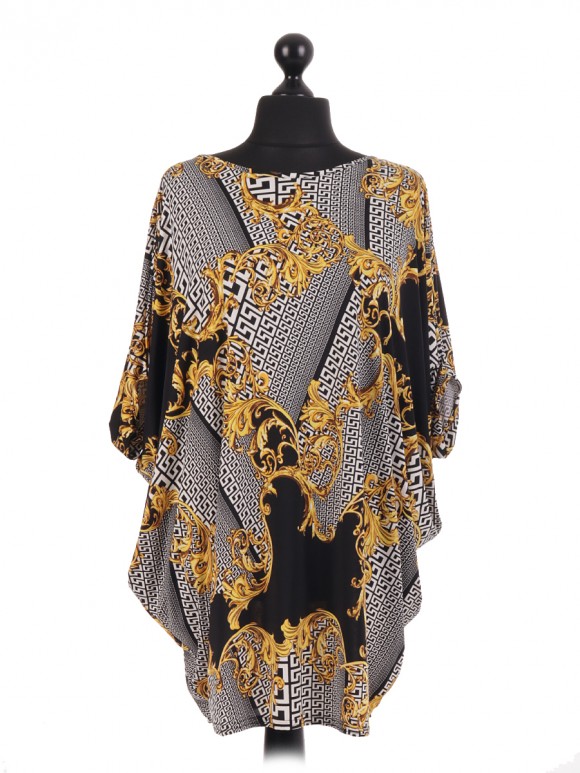 French Black Rococo & Geo Print Batwing Tunic