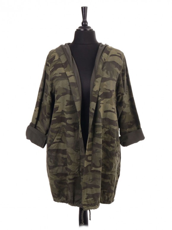 Italian Gathered Hem Camouflage Print Hooded Jacket With Front Pockets