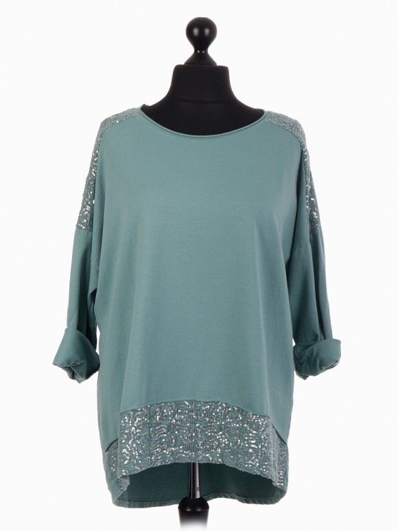 Italian Dip Hem Top With Crochet And Sequin Patch