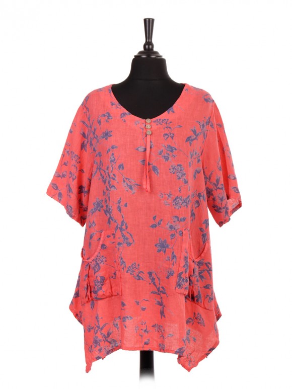 Italian Floral Linen Tunic Top With Front Pockets