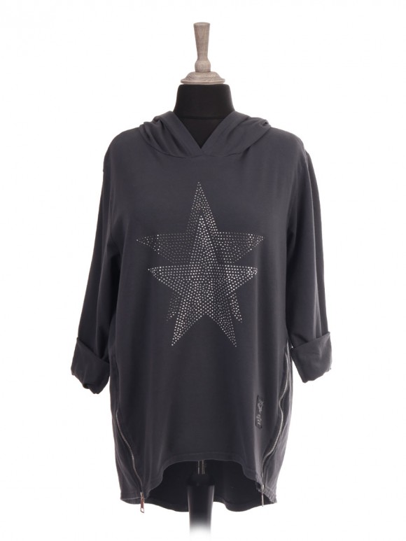 Italian Hooded Diamante Star Top With Side Zip Details