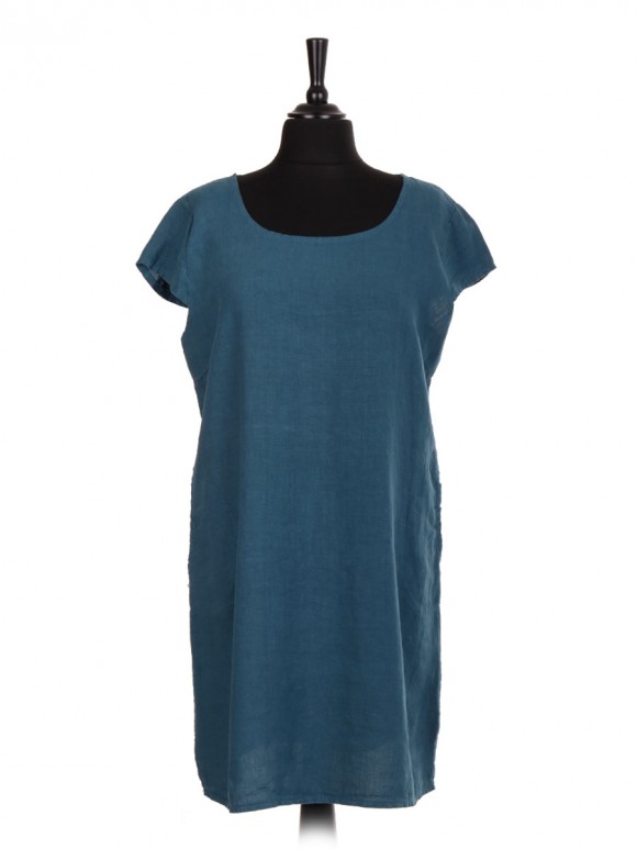 Italian Linen Lagenlook Dress With Ribbed Panel And Side Pockets