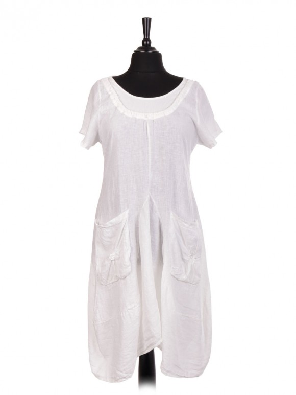 Italian Short Sleeve Linen Lagenlook Dress With Front Pockets
