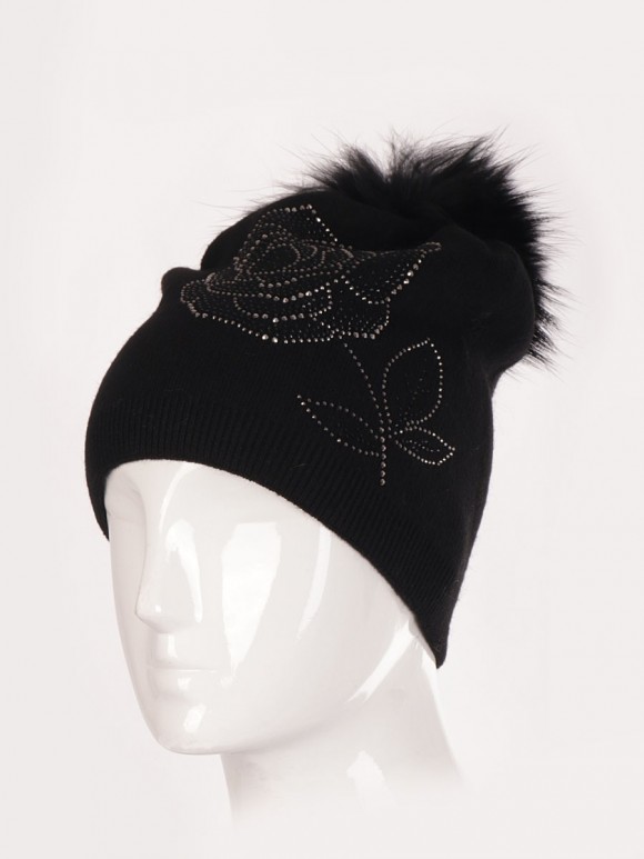 Wool Mix Flower Diamante Pom Pom Hat