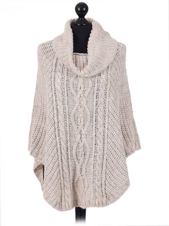 Italian Ladies Wool Mix Turtle Neck Knitted  Poncho beige
