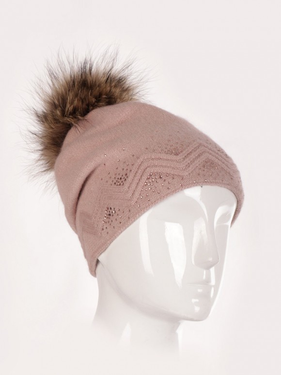 Wool Mix Zig Zag Pattern Diamante Detail Pom Pom Hat