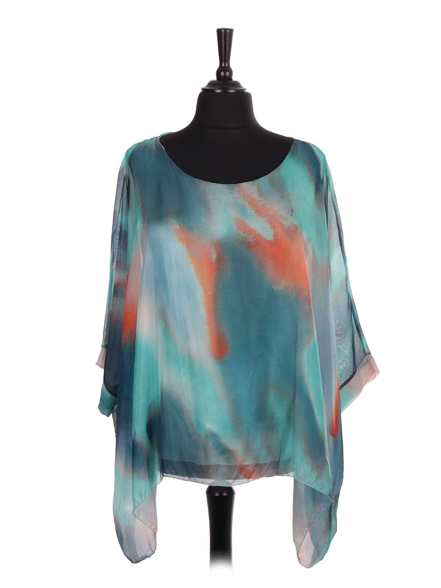 Made In Italy Abstract Print Two Layered Silk Batwing Tunic Top