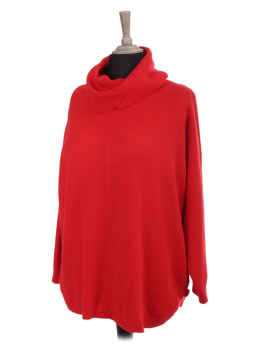 Italian Cowl Neck Knitted Batwing Jumper With Side Button Panel