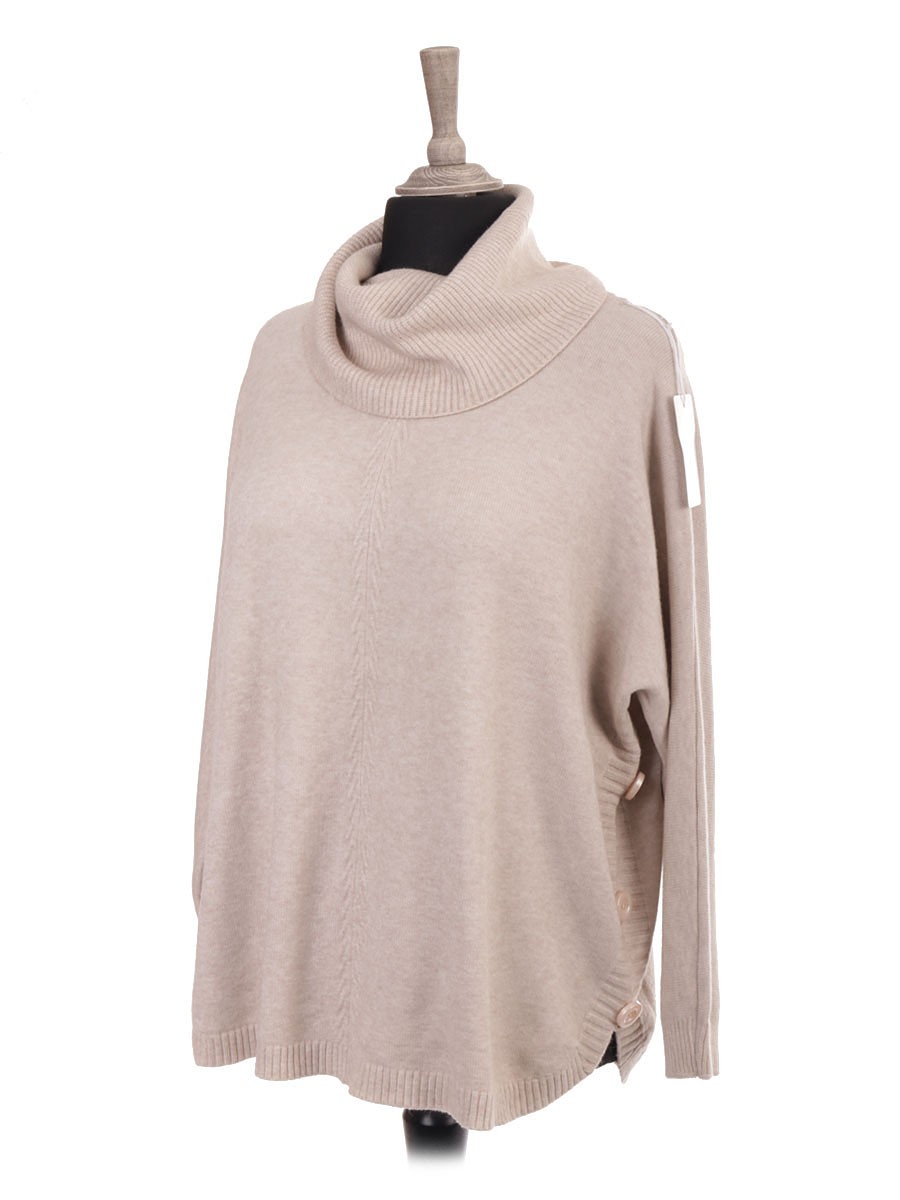 Italian Cowl Neck Knitted Batwing Jumper With Side Button Panel