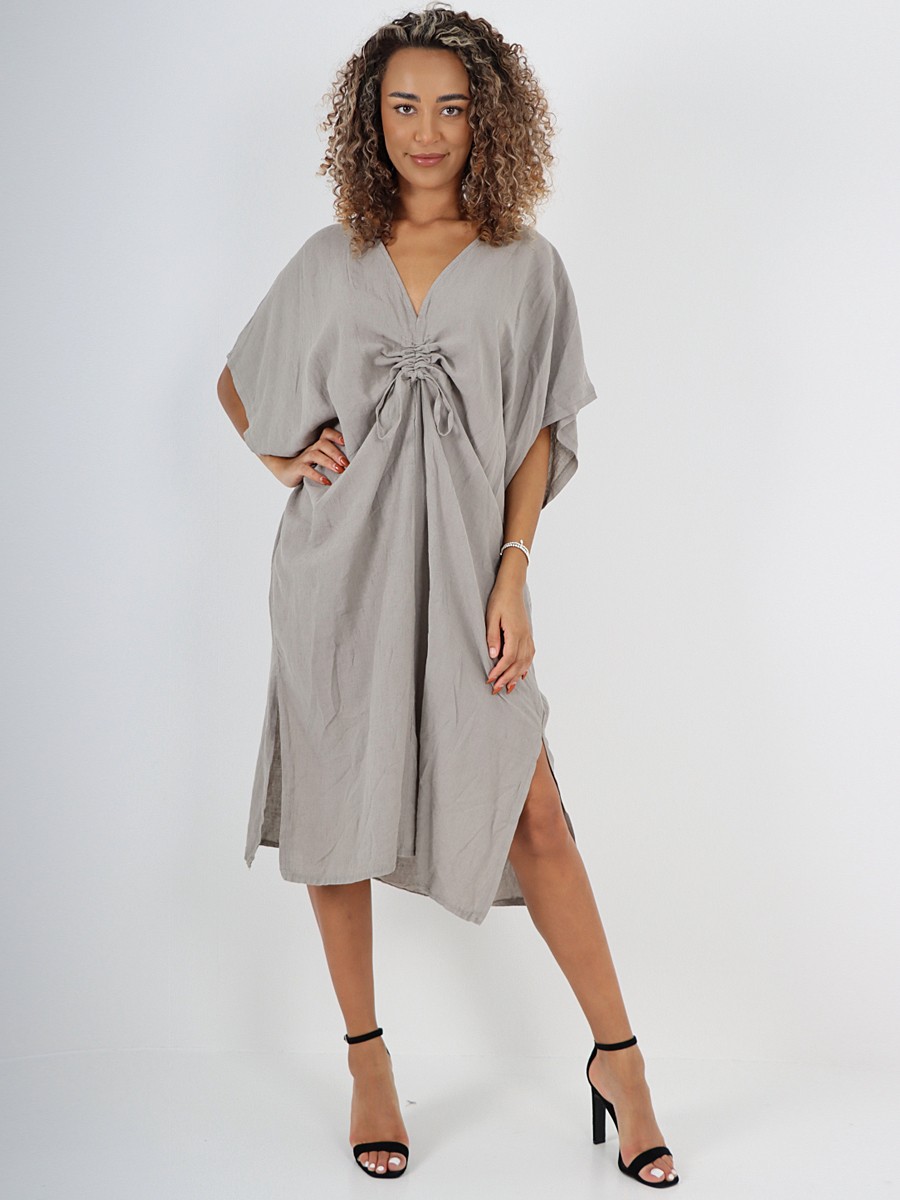 Italian Drawstring Side Split Linen Dress